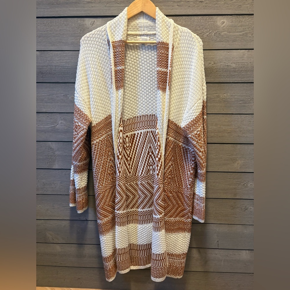 Lucky Brand Cream and Brown Geometric Open-Front Cardigan